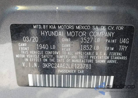 2020 Hyundai Accent Se из США, поврежденный, VIN 3KPC24A62LE123781